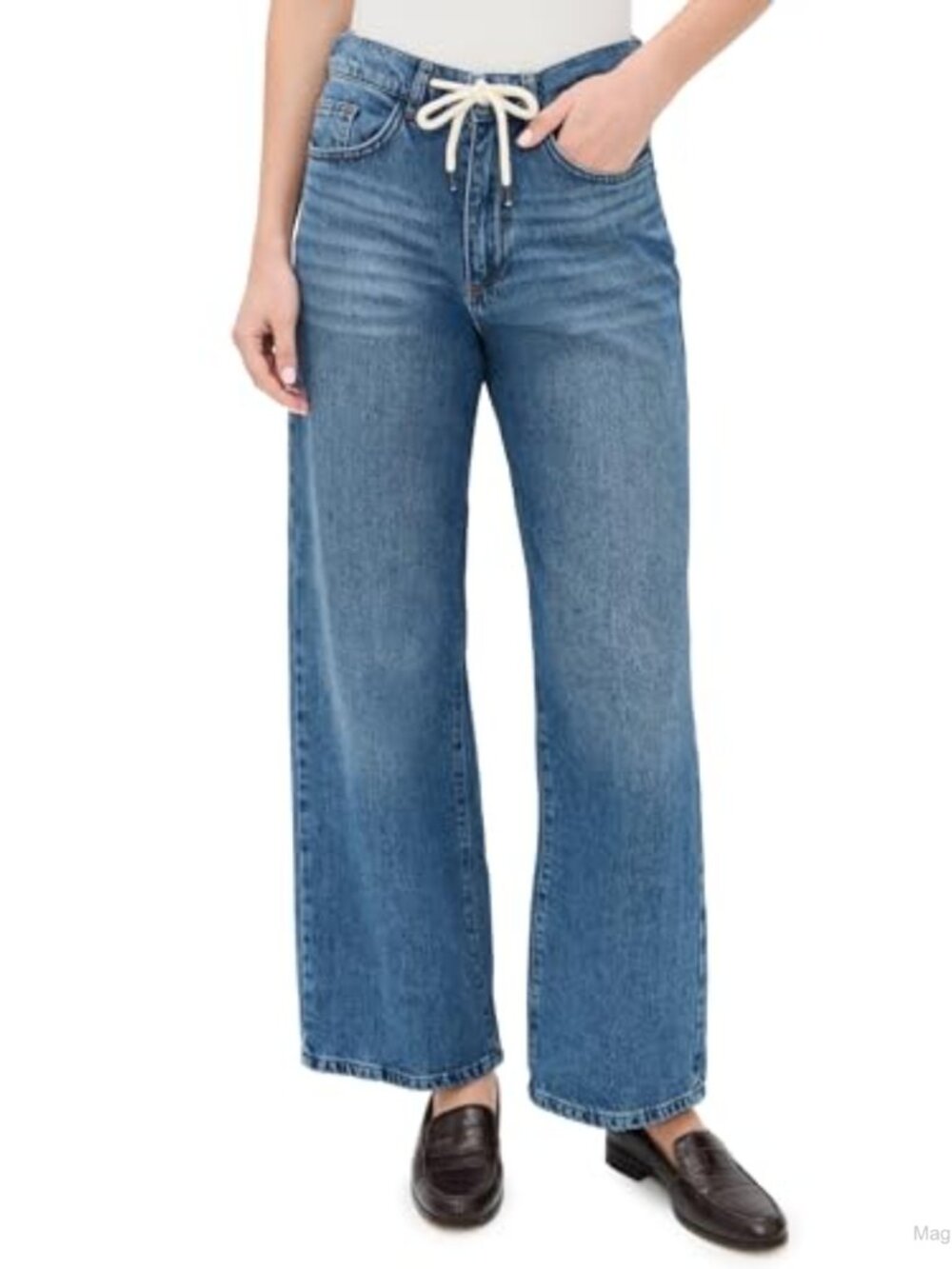 High Rise Wide Leg Drawstring Jeans Cotton Lyocell Denim